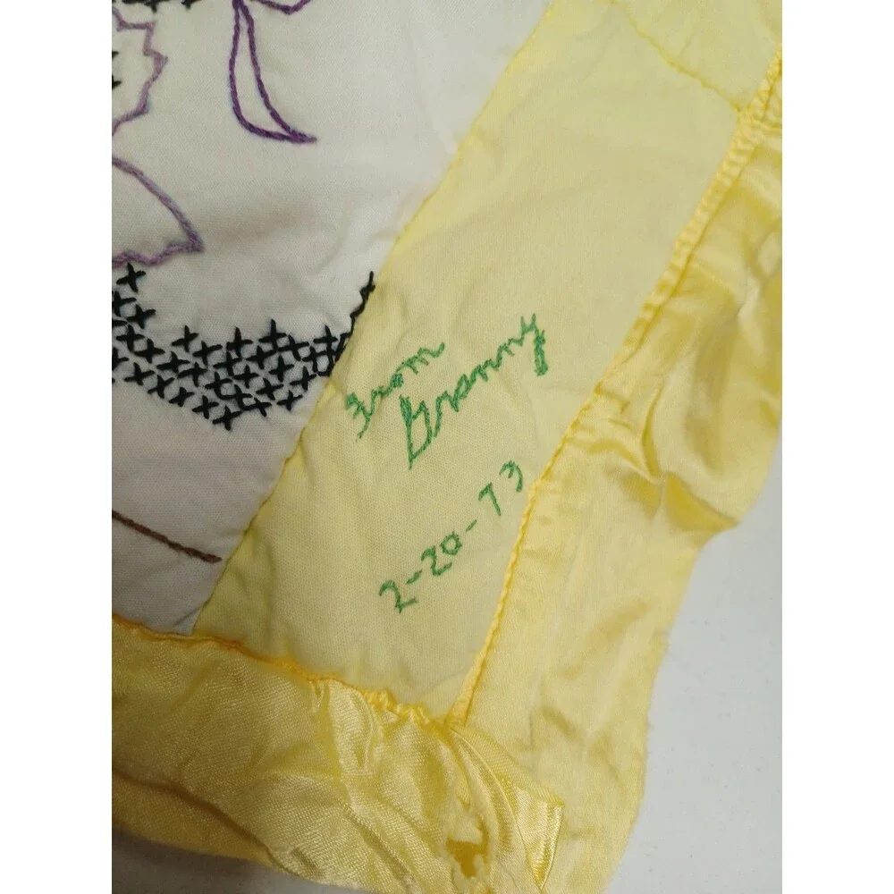 Vtg 70's Quilted Baby Crib Quilt Yellow Animals Embroidery Unisex 48x30